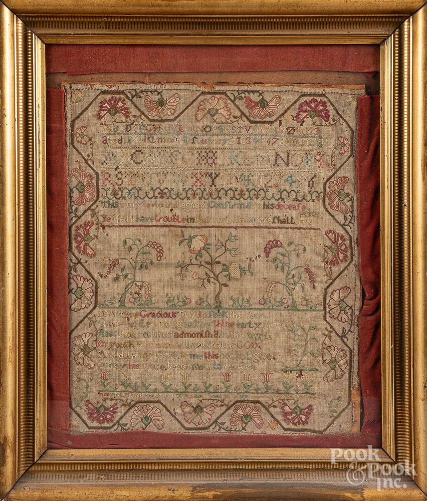 Appraisal: Three silk on linen samplers th c Three silk on