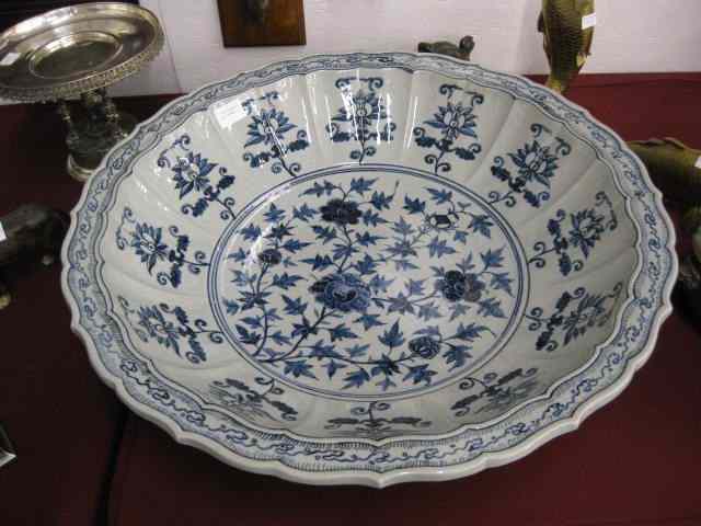 Appraisal: Oriental Pottery Bowl rich blue floral scalloped '' diameter ''