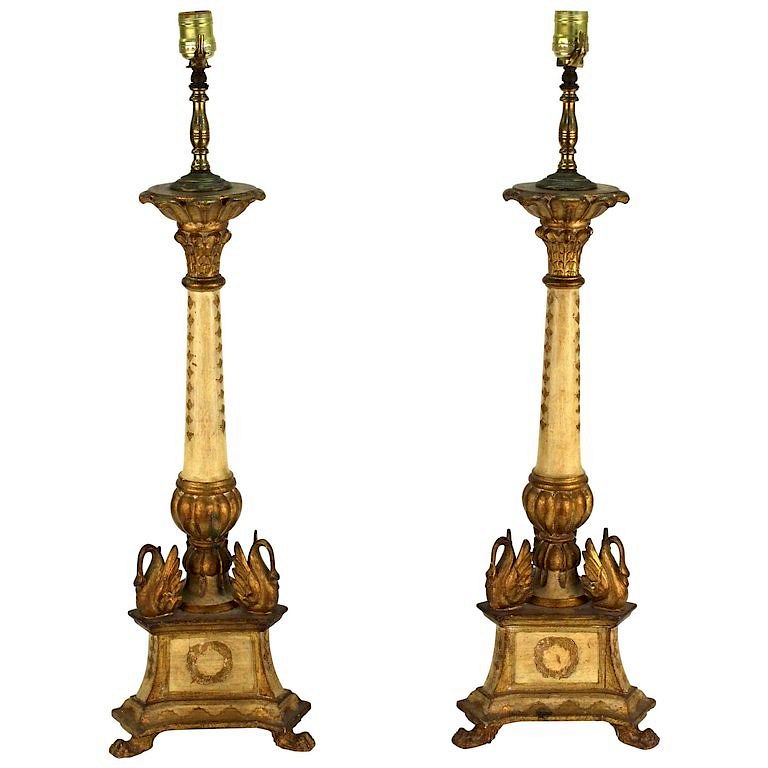 Appraisal: Italian Empire Manner Giltwood Table Lamps Pair Pair of Italian