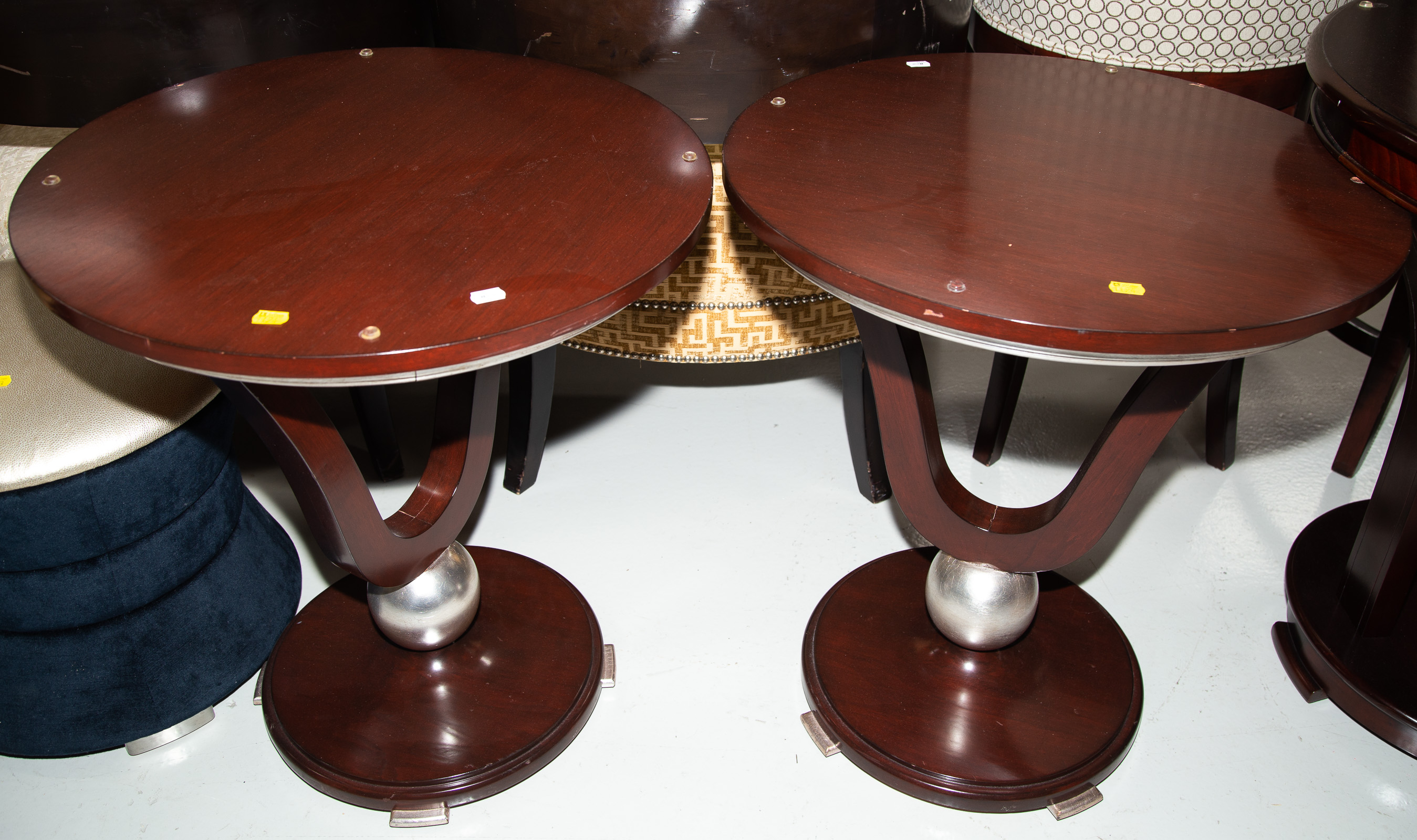 Appraisal: TWO ART DECO STYLE MAHOGANY LAMP TABLES Modern with silver-gilt