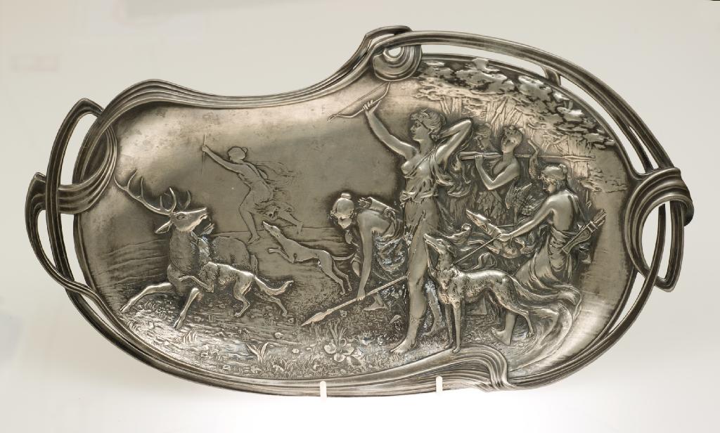 Appraisal: ART NOUVEAU WMF SILVERED CARD TRAY with whiplash handles and