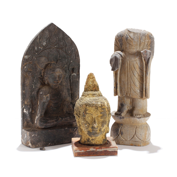 Appraisal: Three Southeast Asian Buddhist carved stone sculptures including an Indian