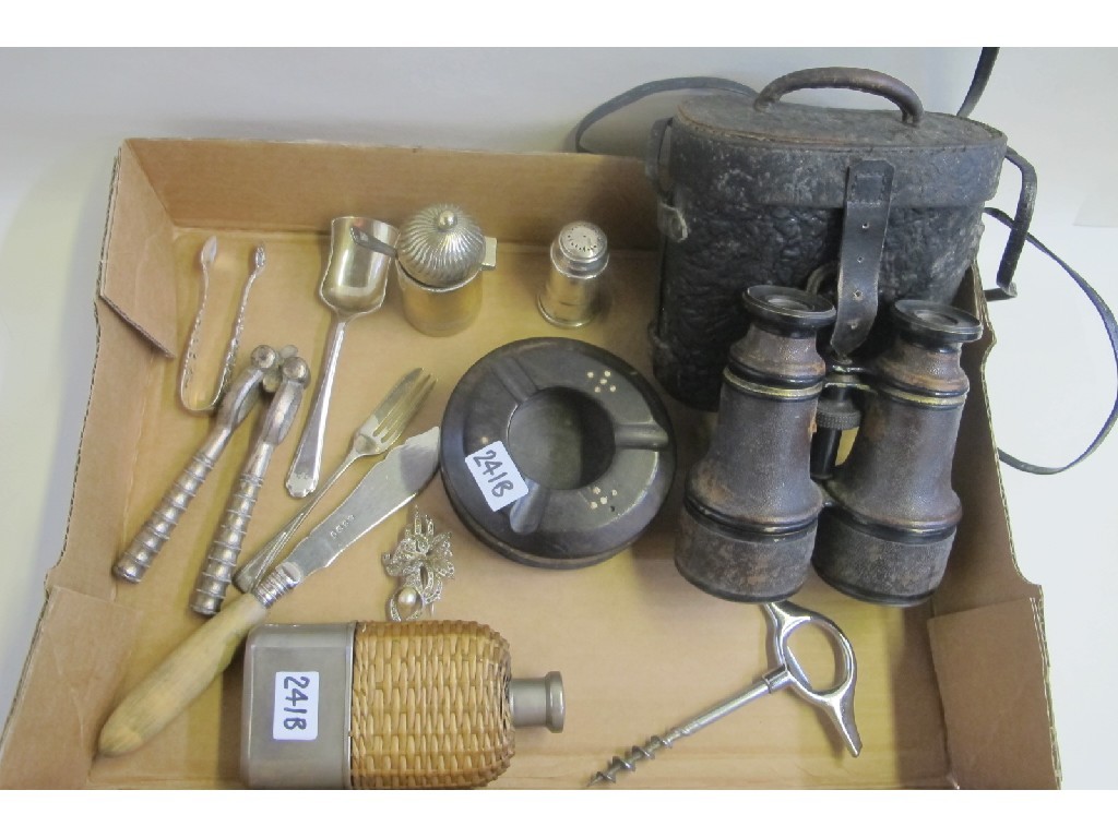 Appraisal: Box of miscellania - binoculars hip flask cutlery etc