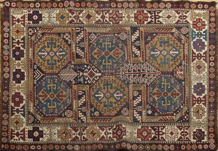 Appraisal: CAUCASIAN RUG Worked with two rows of blue and saffron