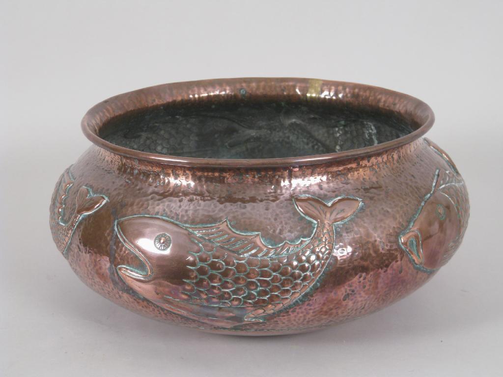 Appraisal: A John Pearson hammered copper Jardiniere with frieze of fish