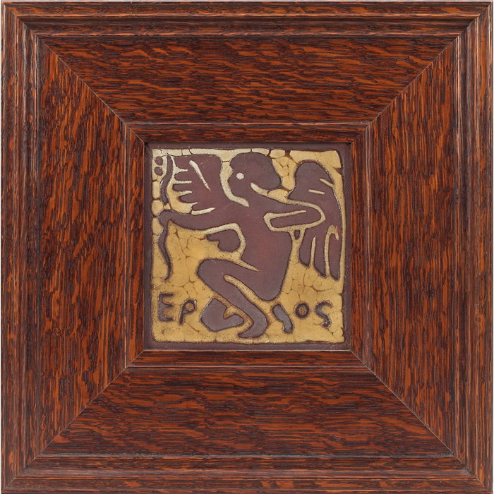 Appraisal: Grueby tile carvedallegorical figure ''EPOS ''brown scene on a yellowbackground