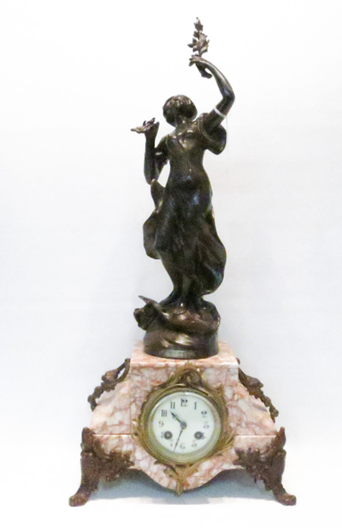 Appraisal: SPELTER AND MARBLE STATUE CLOCK rose color marble case with