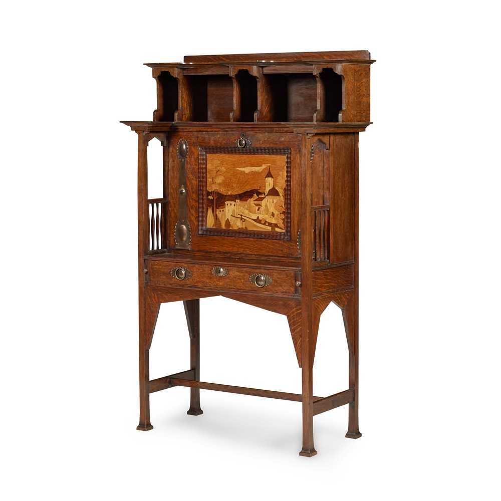 Appraisal: SHAPLAND PETTER BARNSTAPLE ARTS CRAFTS SECRETAIRE DESK CIRCA oak marquetry