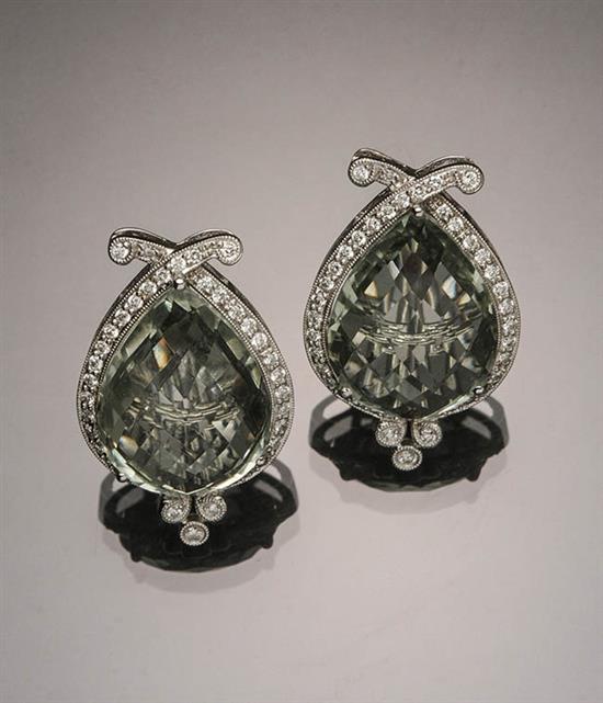 Appraisal: Pair of -Karat White-Gold Green Quartz and Diamond French Clip-Back