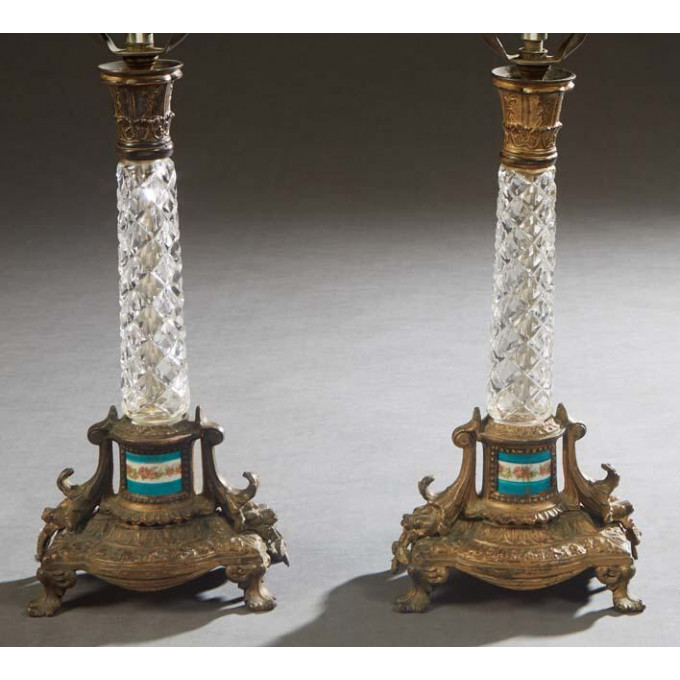 Appraisal: Pair of French Crystal and Porcelain Candlestick Lamps th c