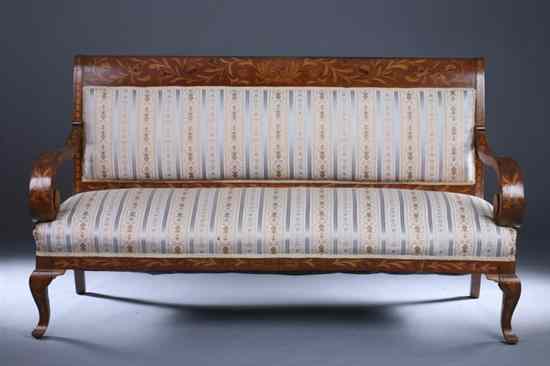 Appraisal: DUTCH WALNUT MARQUETRY INLAID SETTEE Early th century with blue