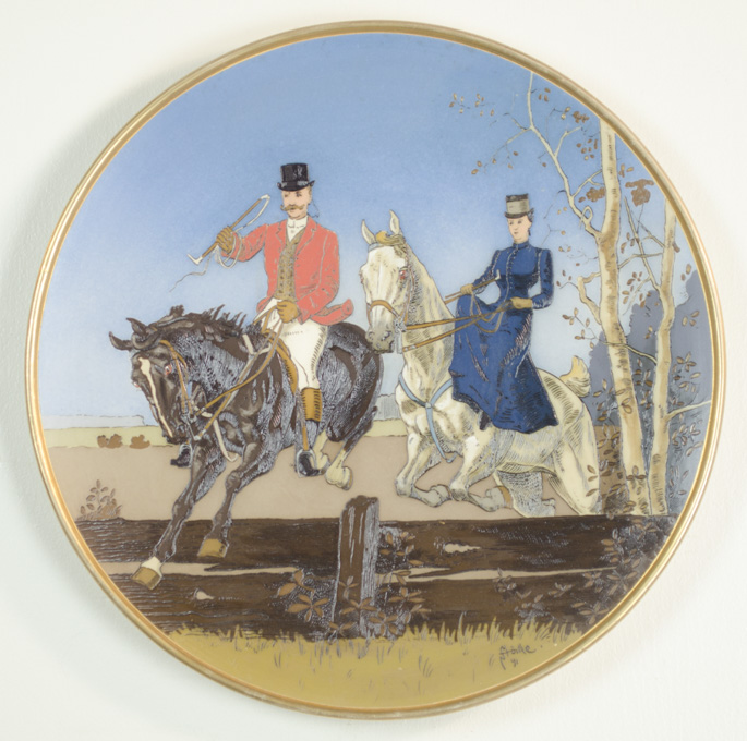 Appraisal: METTLACH ETCHED POTTERY PLAQUE Man and Woman on Horseback Jumping