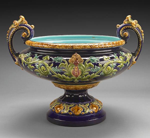 Appraisal: A Sarreguemines majolica jardiniere late th century Of squat form