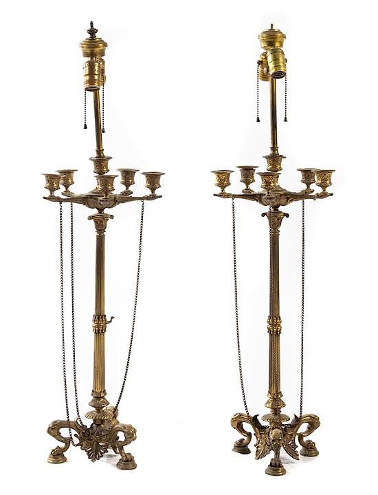 Appraisal: A Pair of Neoclassical Gilt Bronze Six-Light Candelabra Height inches