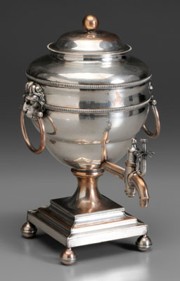 Appraisal: Diminutive Old Sheffield hot water urn with lion and ring