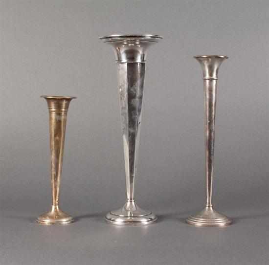 Appraisal: Three American weighted sterling silver trumpet vases one each by