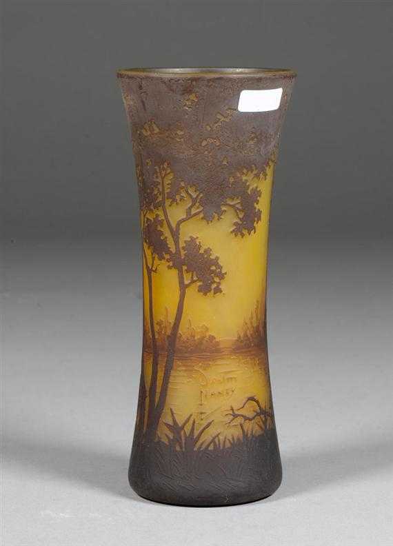 Appraisal: DAUM NANCY SMALL VASE circa Acid-etched yellow glass with orange