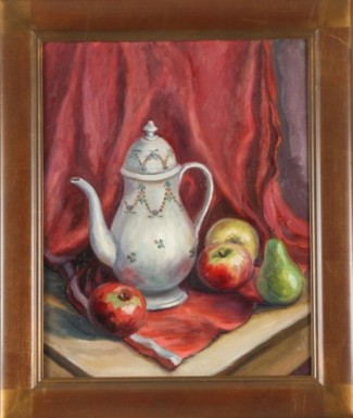 Appraisal: Antique Teapot oil on canvas board x SLR Mildred Gehman