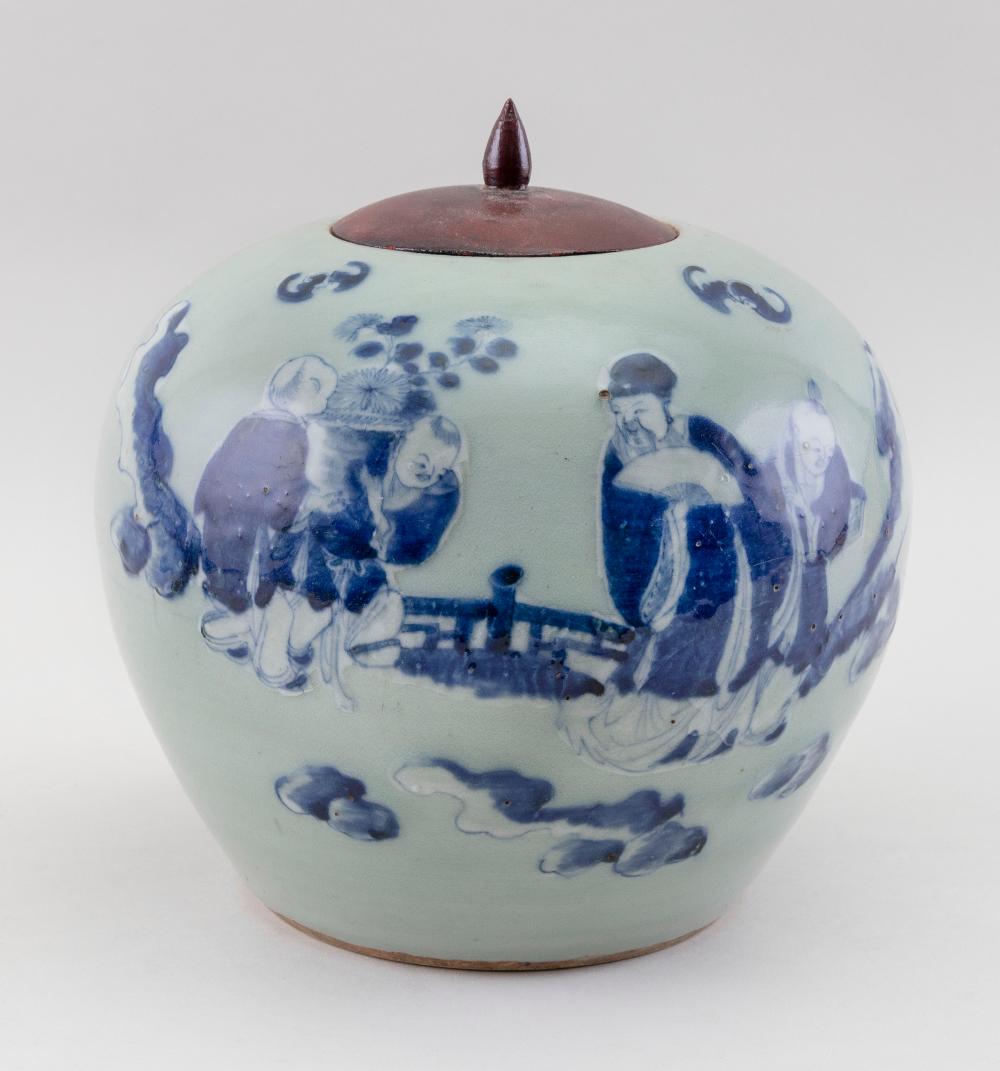 Appraisal: CHINESE BLUE AND WHITE ON CELADON PORCELAIN COVERED JAR LATE