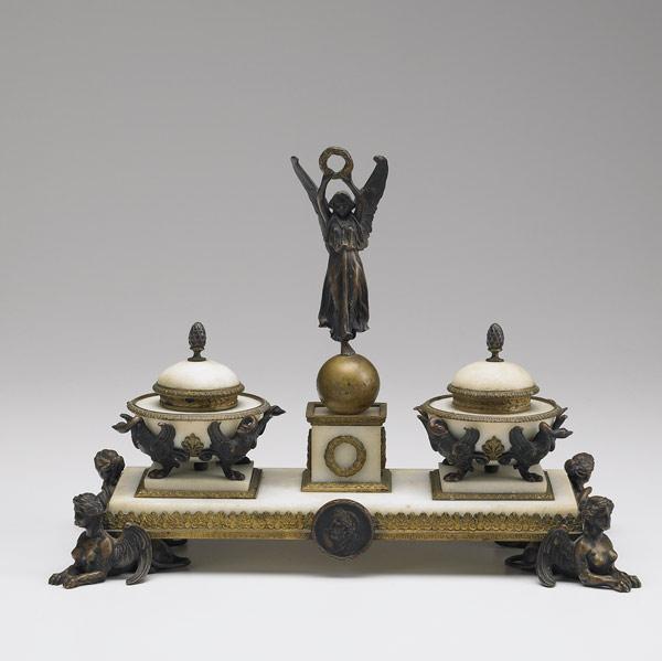 Appraisal: FRENCH INKSTAND Bronze and white marble Winged Victory double inkwell