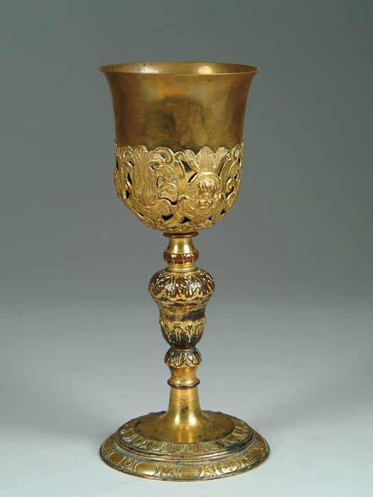 Appraisal: FANCY BRASS CHALICE The brass bowl with overlay brass decoration