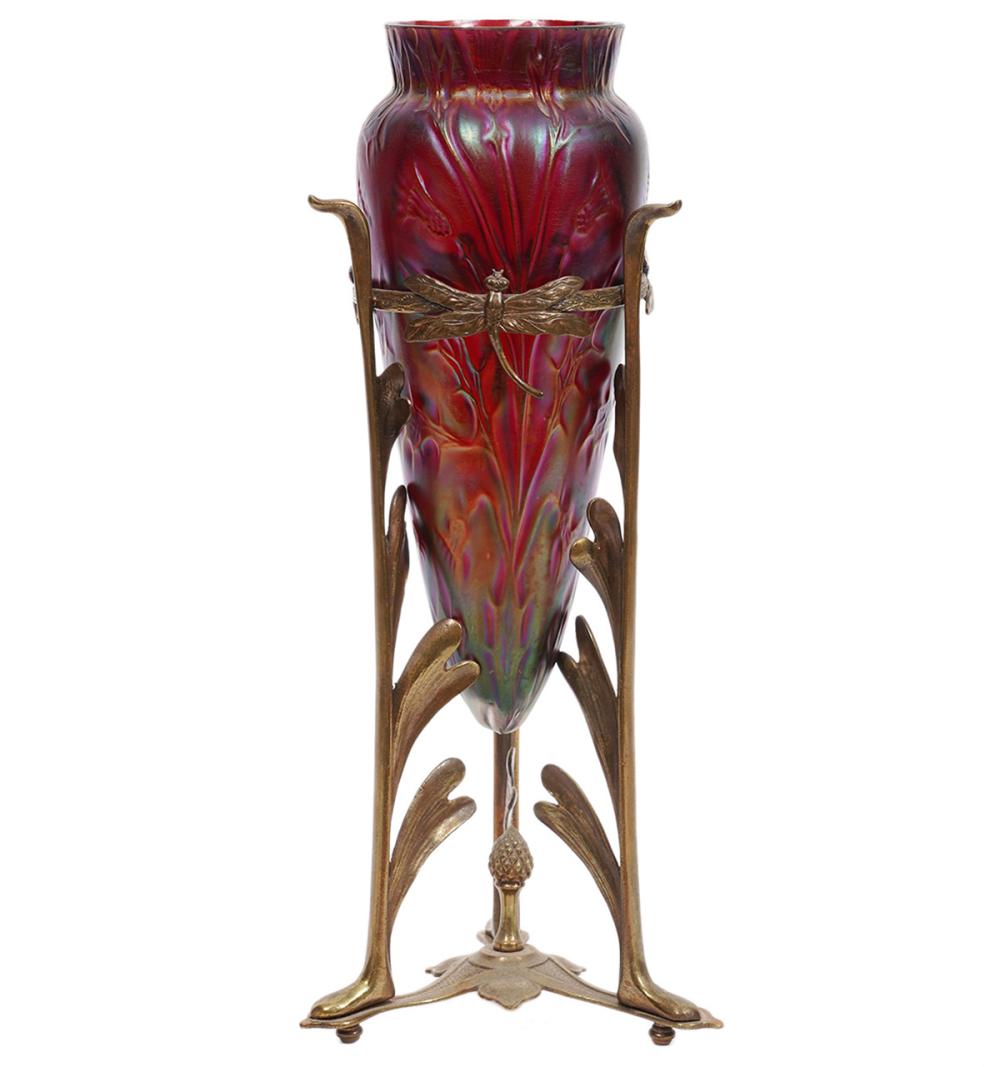 Appraisal: ATTR LOETZ VASE BRONZE DRAGONFLY BASEArt glass vase attributed to