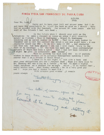 Appraisal: BANKING SECRETS HEMINGWAY ERNEST Typed Letter Signed Ernest M Hemingway