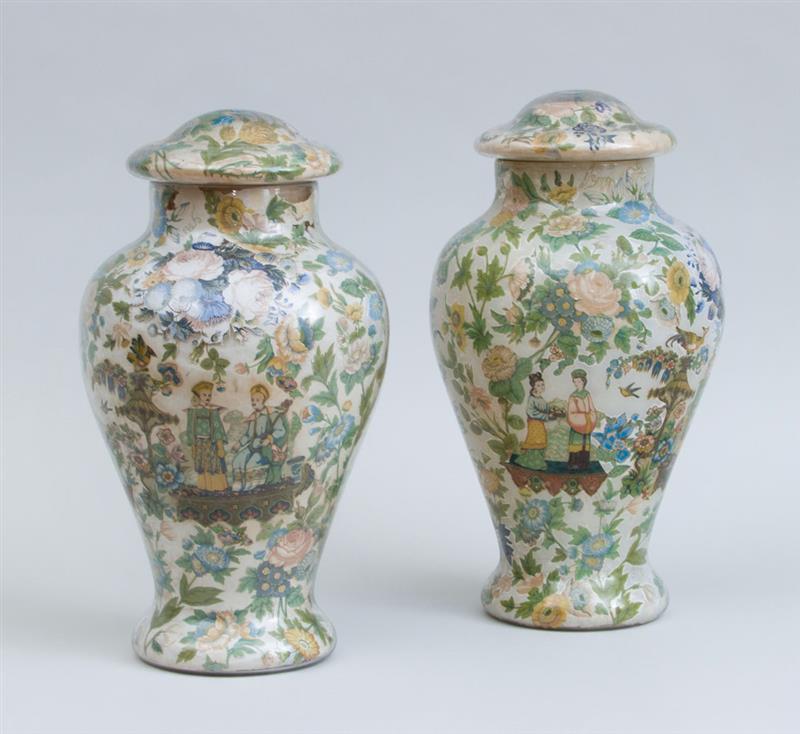 Appraisal: PAIR OF DECOUPAGED BALUSTER-FORM JARS AND COVERS in Collection of