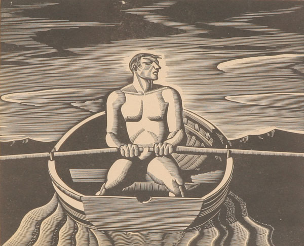 Appraisal: Wood block print Art Deco rowing figure Image x