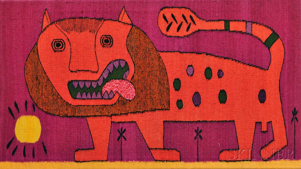 Appraisal: Mid-century Modern Lion Tapestry Wool The smiling orange lion stalks