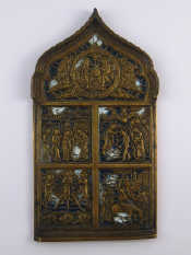 Appraisal: An enamelled cast bronze portable icon with four detailed scenes