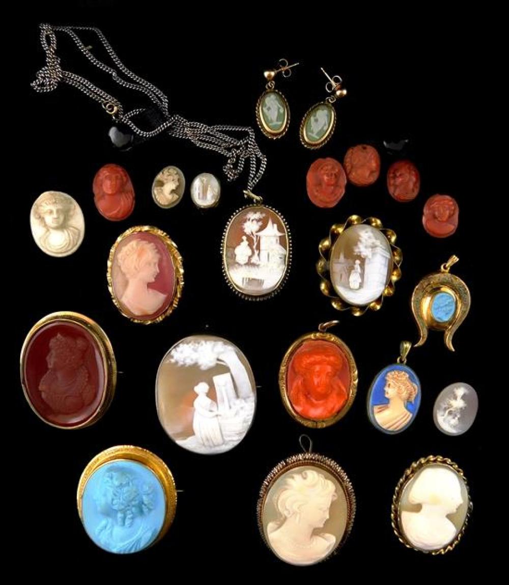 Appraisal: JEWELRY Assortment of cameos twenty-two pieces includes seven brooches four