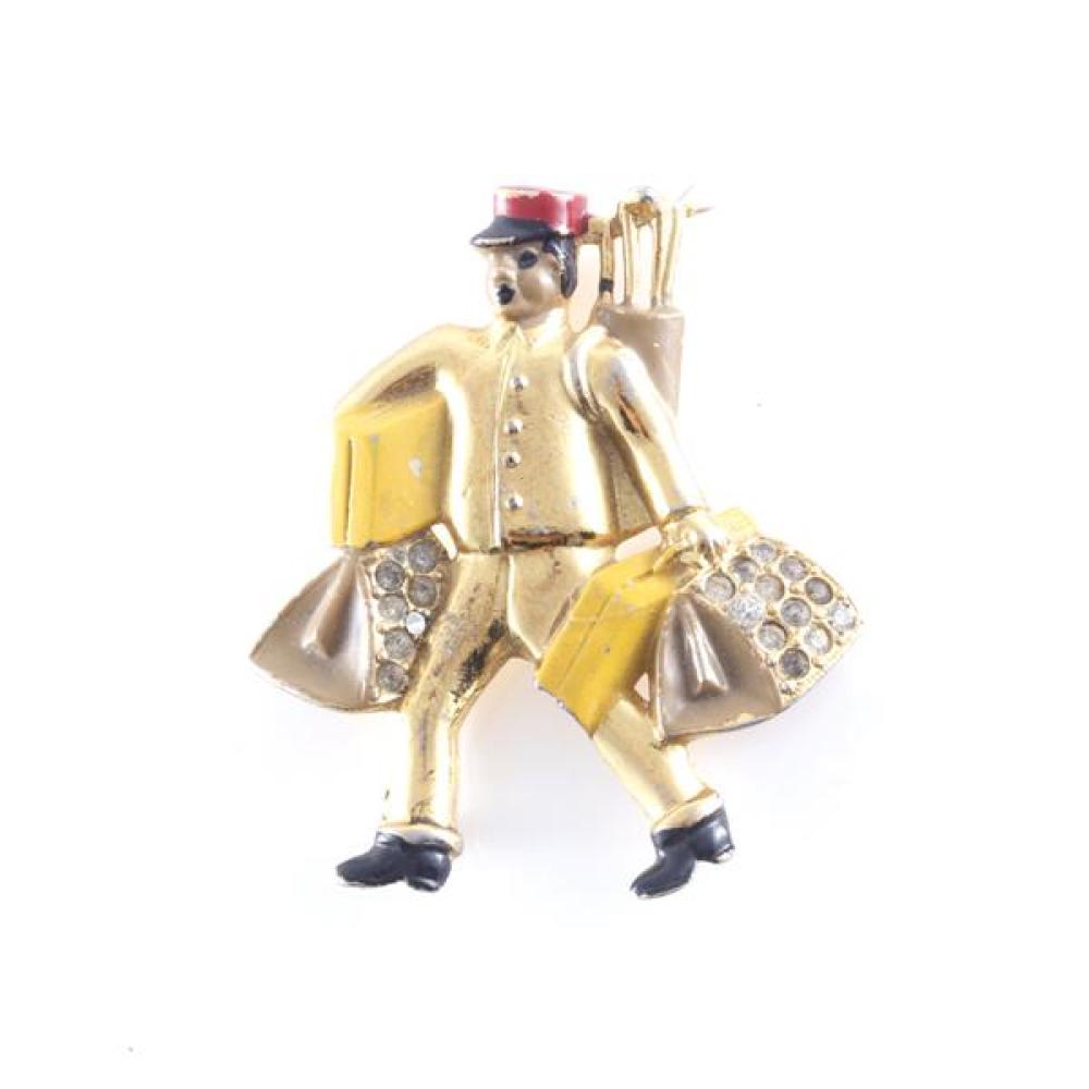 Appraisal: UNSIGNED GOLD TONE AND ENAMEL BELLHOP FIGURAL PIN WITH PAVE