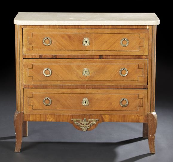 Appraisal: French Brass-Mounted and Inlaid Tulipwood and Marble-Top Three-Drawer Commode of