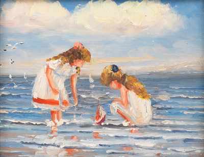 Appraisal: British th Century Girls on a beach Oil on canvas