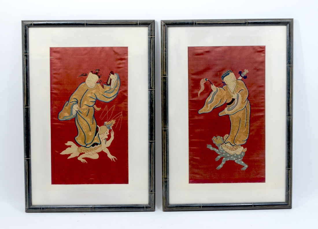 Appraisal: PAIR OF ORIENTAL NEEDLEPOINT EMBROIDERIES Both Depict Male Figures Standing