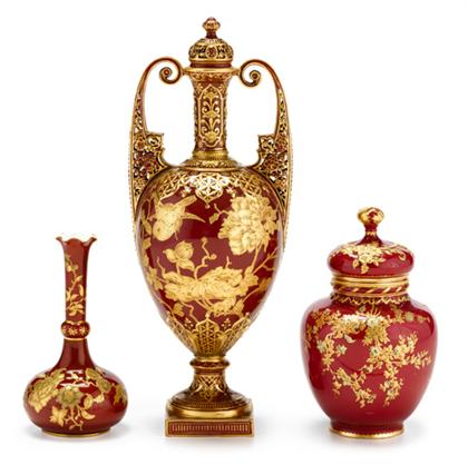 Appraisal: Three Royal Crown Derby porcelain gilt vases Comprising a tall