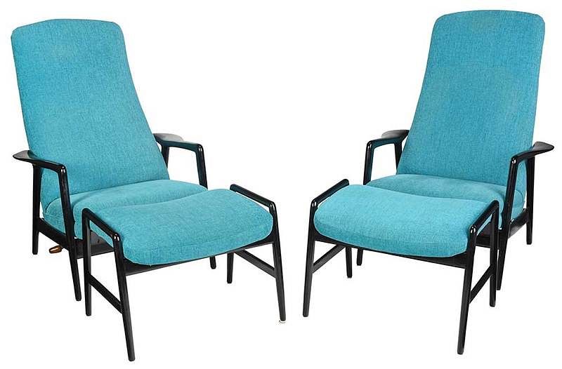 Appraisal: Pair Blue Upholstered Lounge Chairs and Ottomans American mid th