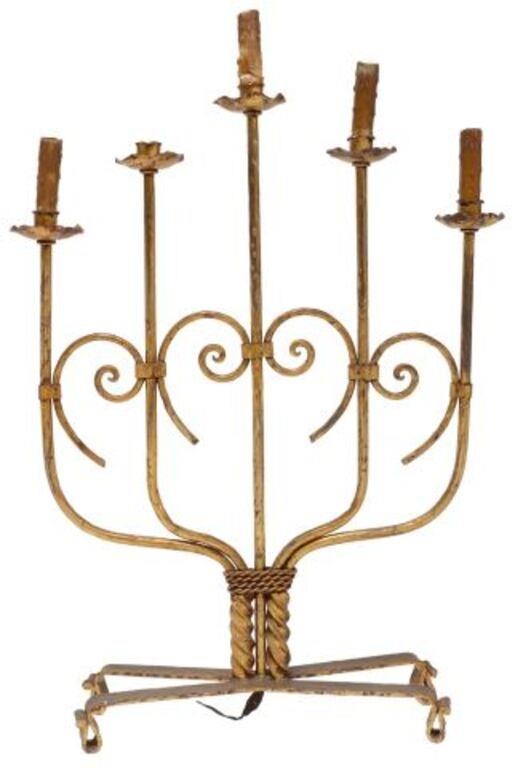 Appraisal: Spanish gilt iron candelabrum electrified five tiered lights scroll frame