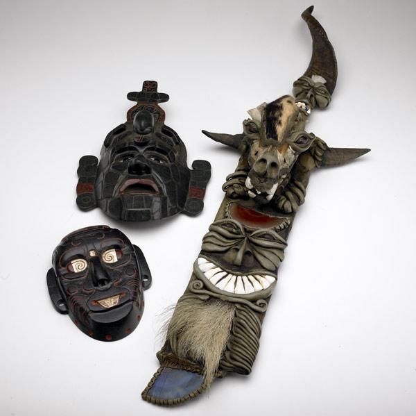 Appraisal: CONTEMPORARY TRIBAL ART Grouping of three includes black marble mask