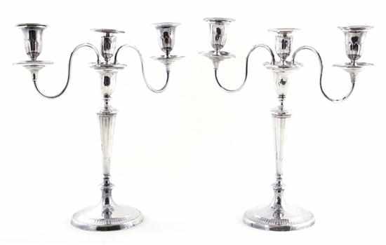 Appraisal: Pair Sheffield plate three-light candelabra Adam style with center stem