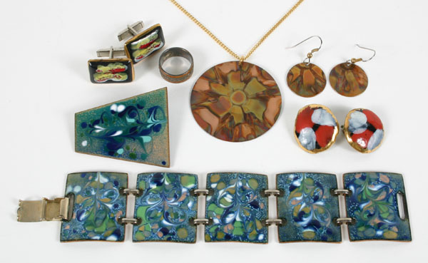 Appraisal: Modern Mod enamel and copper jewelry pieces including a copper