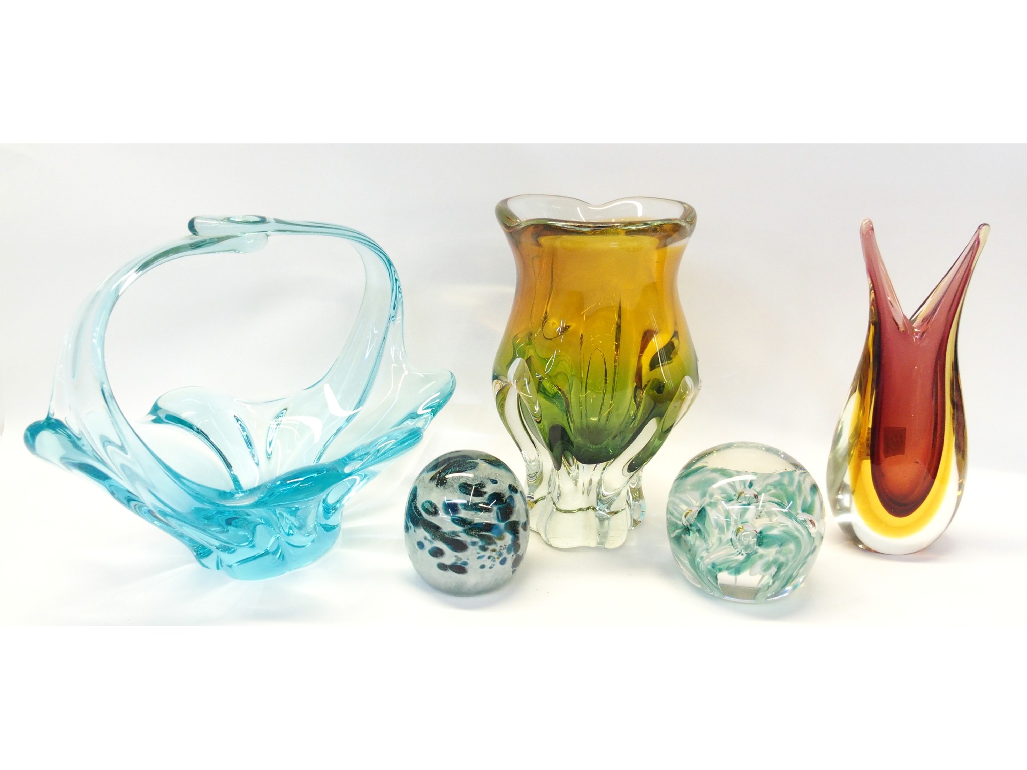 Appraisal: Group of three blown glass vessels and two glass paperweights