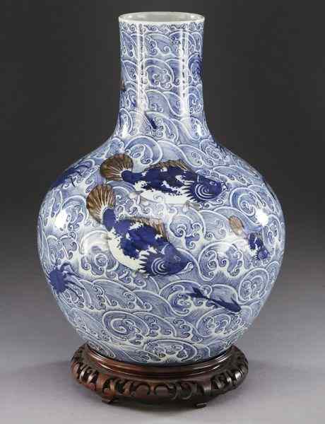 Appraisal: Chinese Qing large porcelain Tianqiu vasedepicting fish shrimp and crabs