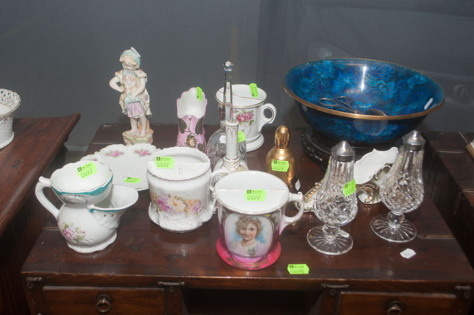 Appraisal: Assortment of decorative items including mustache cups bells Waterford salt