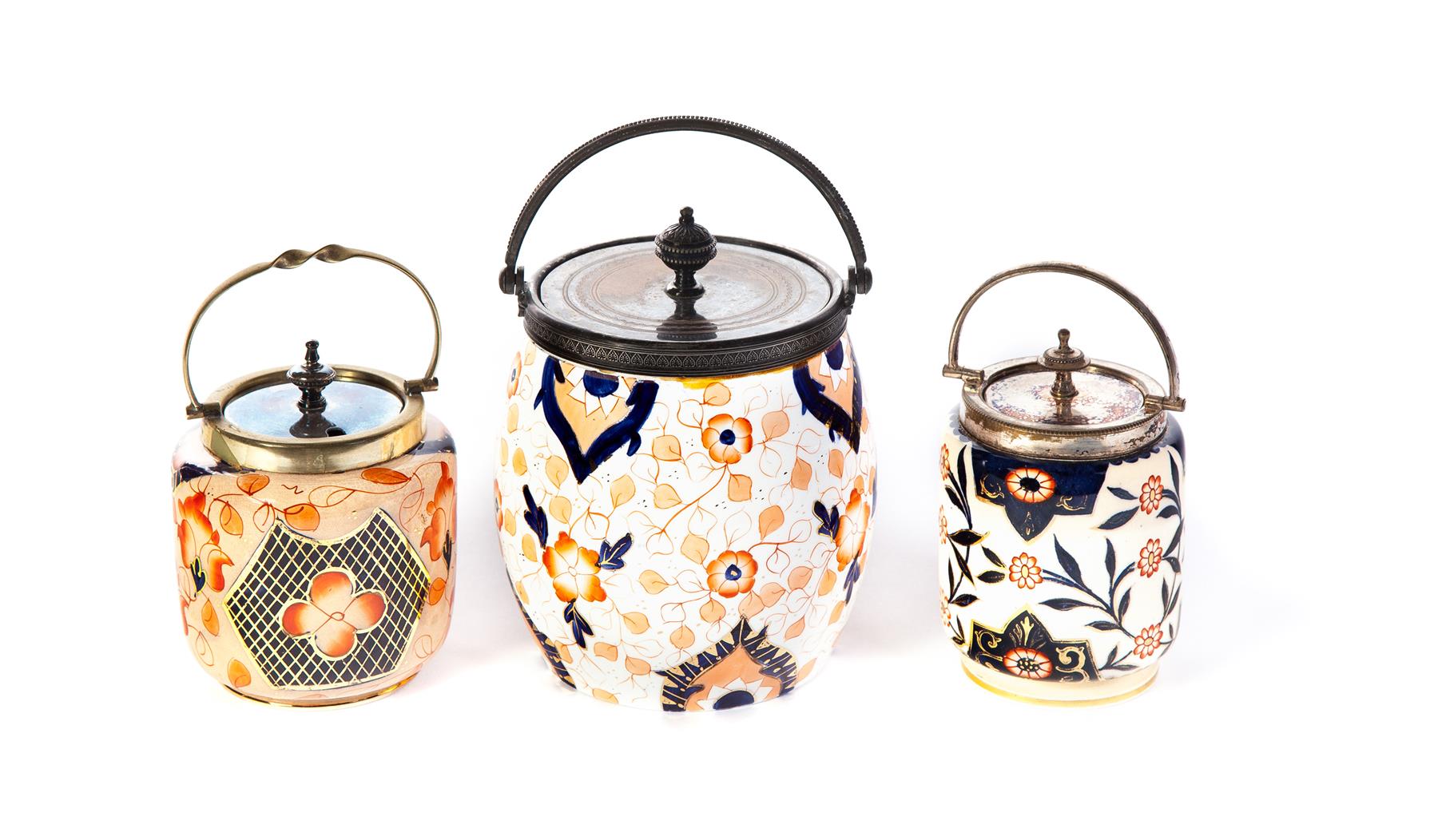 Appraisal: THREE BISCUIT JARS WITH IMARI DECORATION England th quarter- th