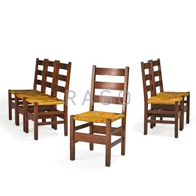 Appraisal: GUSTAV STICKLEY Set of six ladderback chairs with rush seats