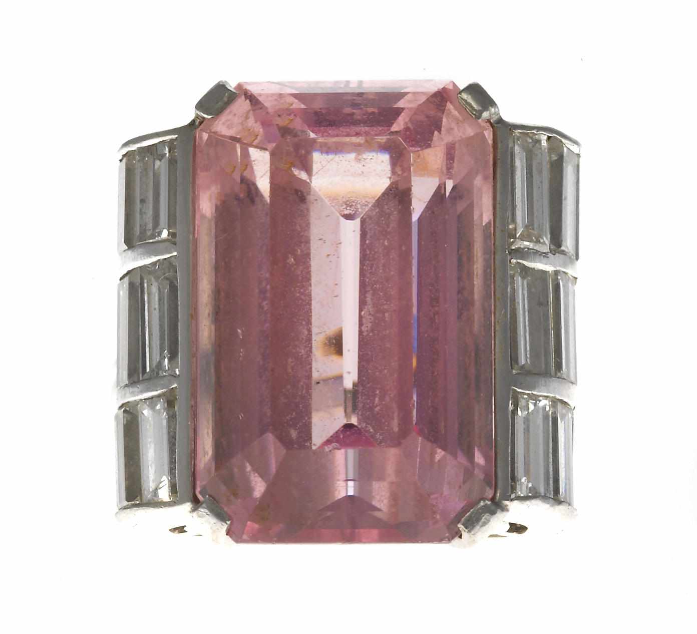 Appraisal: A morganite and diamond ring cut-corner rectangular step-cut morganite weighing