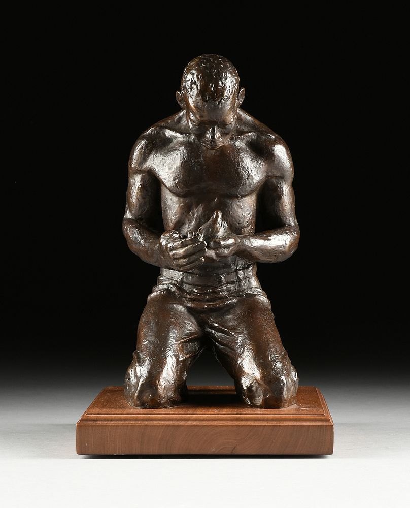 Appraisal: JIM RENO American - A BRONZE FIGURAL SCULPTURE Kneeling Man