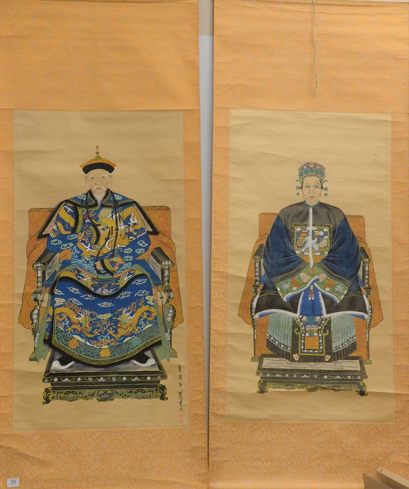 Appraisal: Pair of Oriental Ancestral Scrolls watercolor on silk seated official